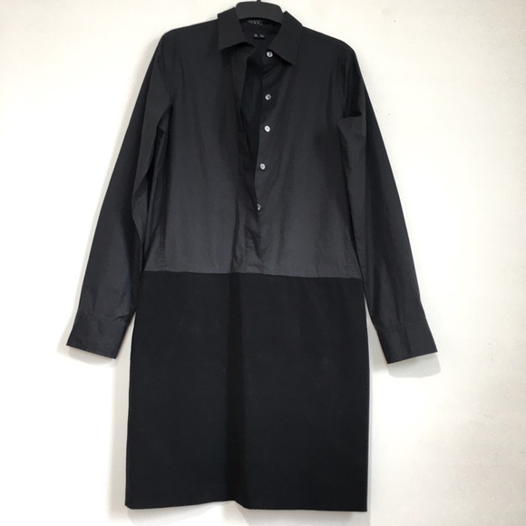 Theory black colorblock half button down long sleeve career shirt dress size 10 - Picture 1 of 16